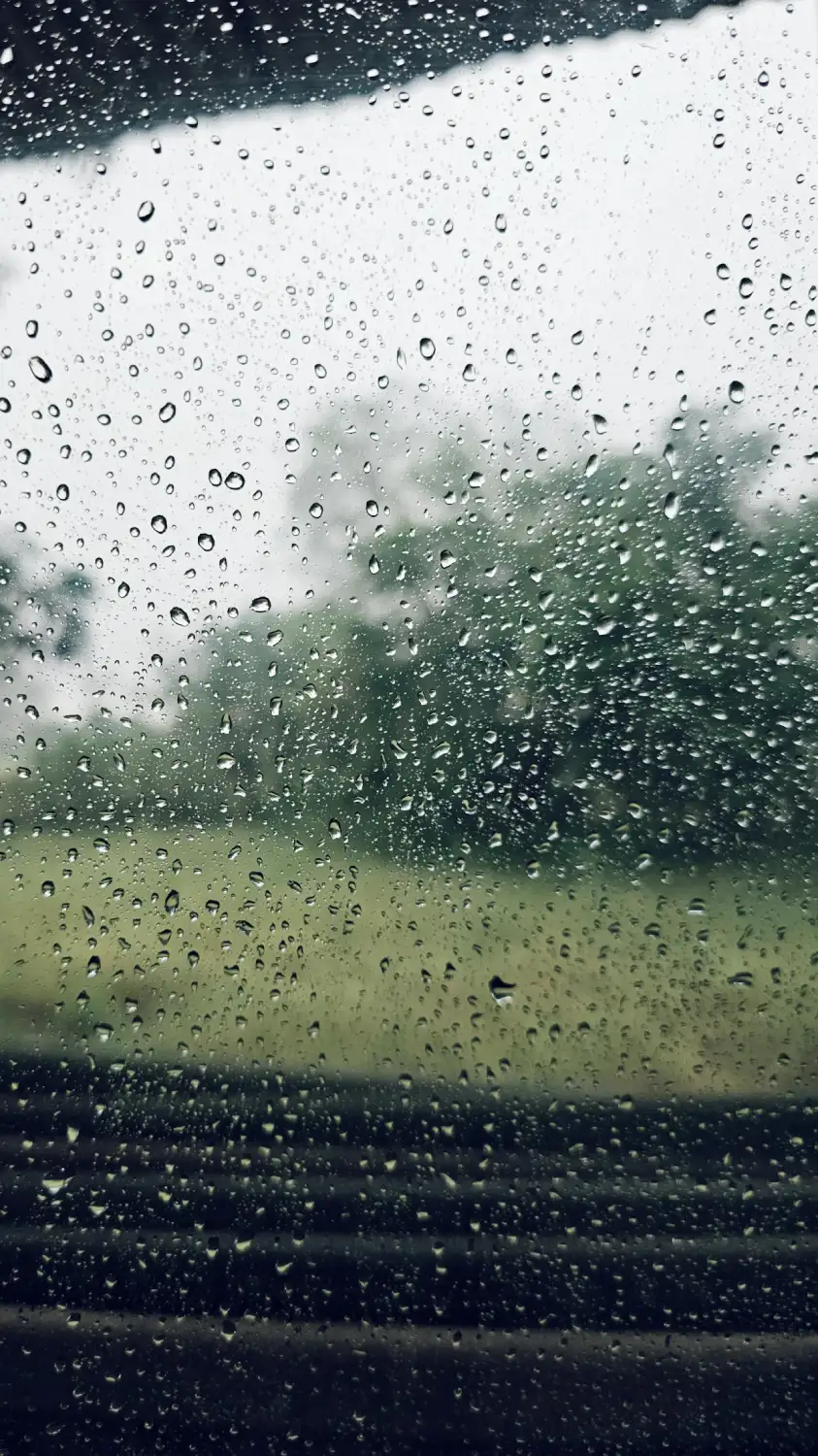 Raindrops on a wire fence with a blurred background, creating a moody and reflective atmosphere.